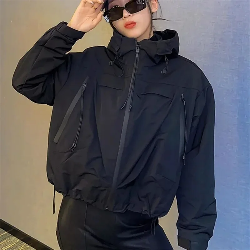 

New Loose Hooded zipper Workwear Jacket Korean Baseball Jacket Women's Short Jacket Lady Windbreaker Outwear Spring Autumn 2025