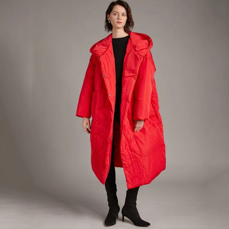 Winter Hooded Long Warm Zipper Parker Jacket Female Cold Proof Knee Length Down Jacket Women White Duck Down Big Pocket Outwears