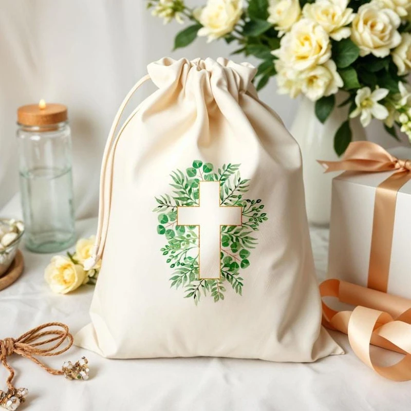5 Stück 13x18cm Grüne Kreuz-Geschenktüten für Erstkommunion, Hochzeit, Religiöse Feiern, Geschenkverpackung, Religiöse Andenken-Geschenktüten