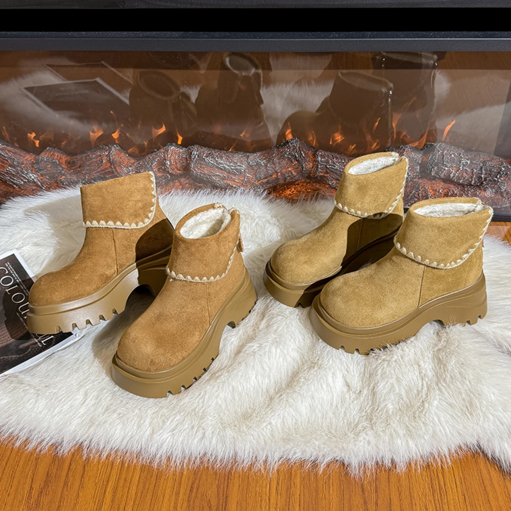 

Women's Winter Boots Thickened Fleece Lined Ankle High Warm Cotton Shoes Fashionable Versatile Thick Heel Heightening Rubber