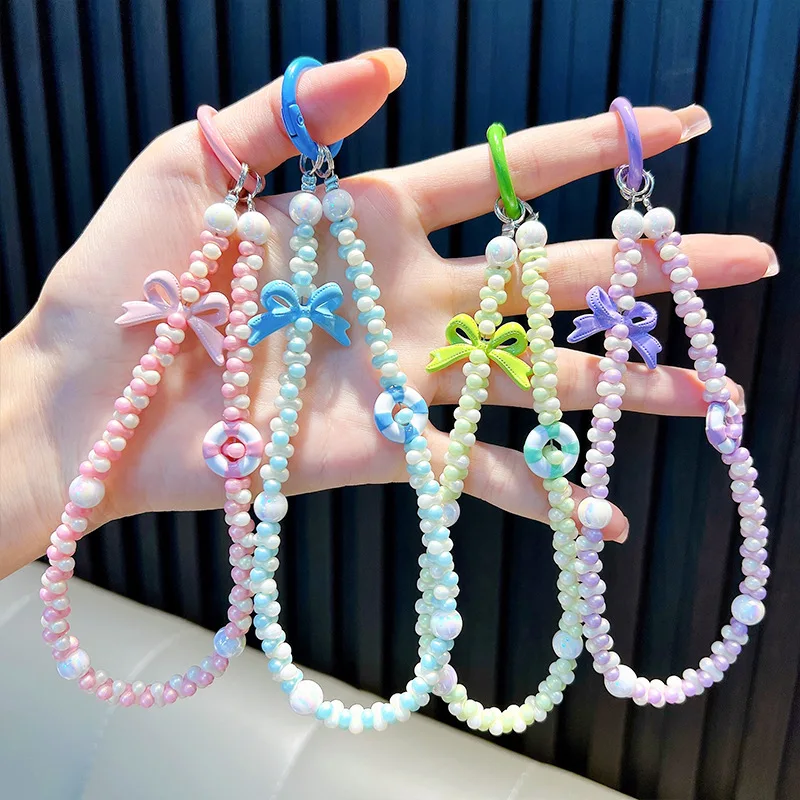 

Bowknot Little Bear Beads Phone Chain Keychain W/Card Anti-lost Wrist Strap Bracelet Earphone Case Charm Backpack decor Gift