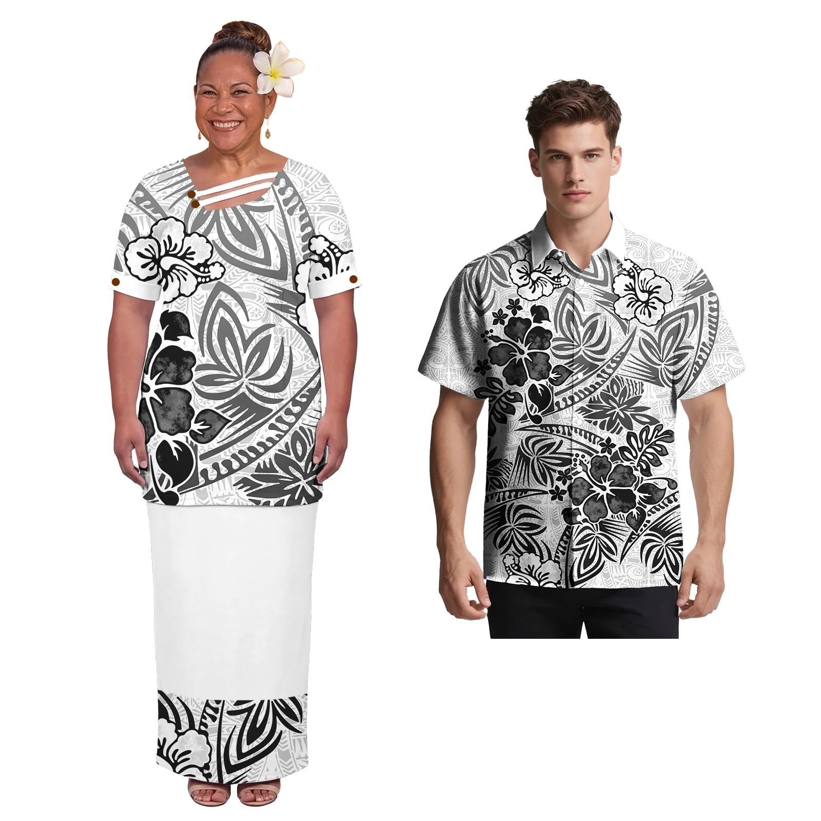 Latest Design Polynesian Women Asymmetric Neckline Puletasi Dress Men Beach Casual Shirts Samoan Church Matching Couple Outfits