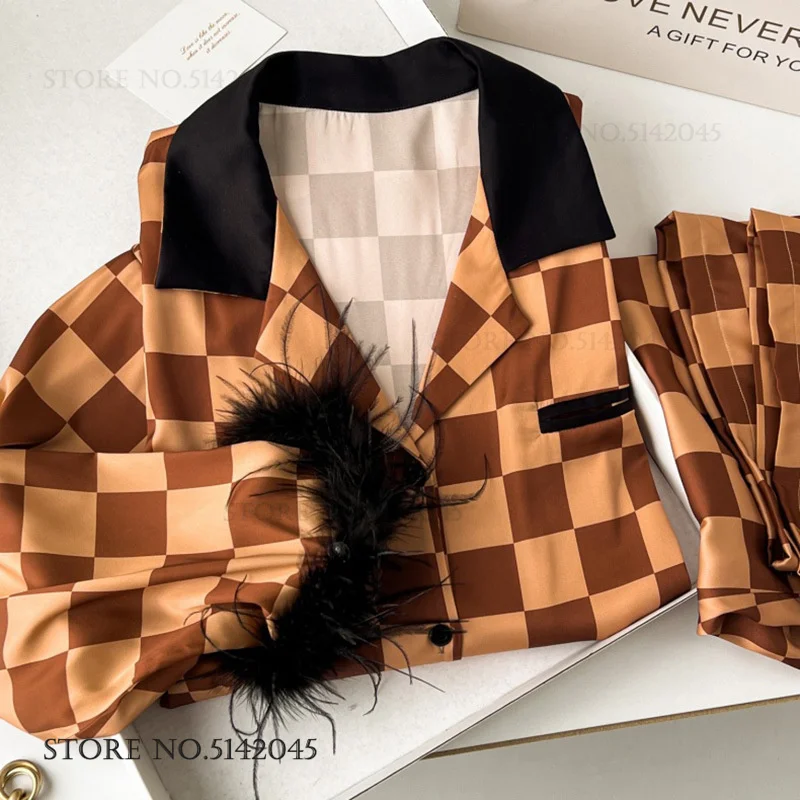 

Женские пижамные комплекты класса люкс с принтом в клетку и перьями, с длинными рукавами, для сна и отдыха, новинка весенней коллекции, домашняя одежда