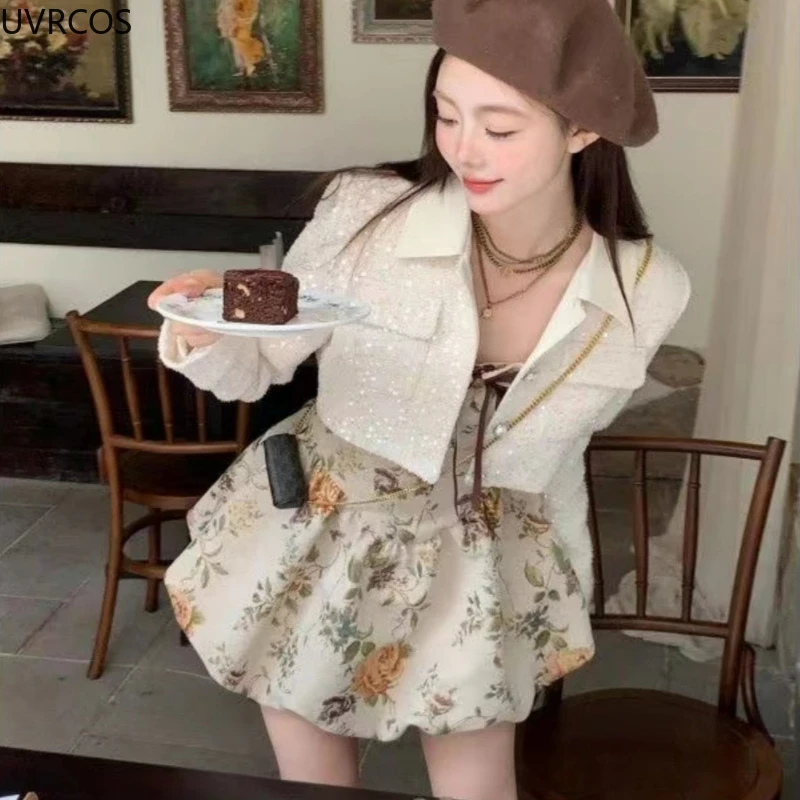 Korean Style Elegant Vintage 2 Piece Set Women Sweet Tweed Short Jackets Coat Flower Print Mini Dress Suit Female Fashion Outfit