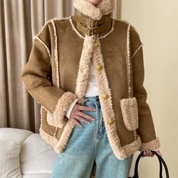 Casual Lapel Motorcycle Suit Suede Faux Fur One Thick Warm Coat Women Loose Fashion Basic Fur Korean Chic Coat Autumn Winter
