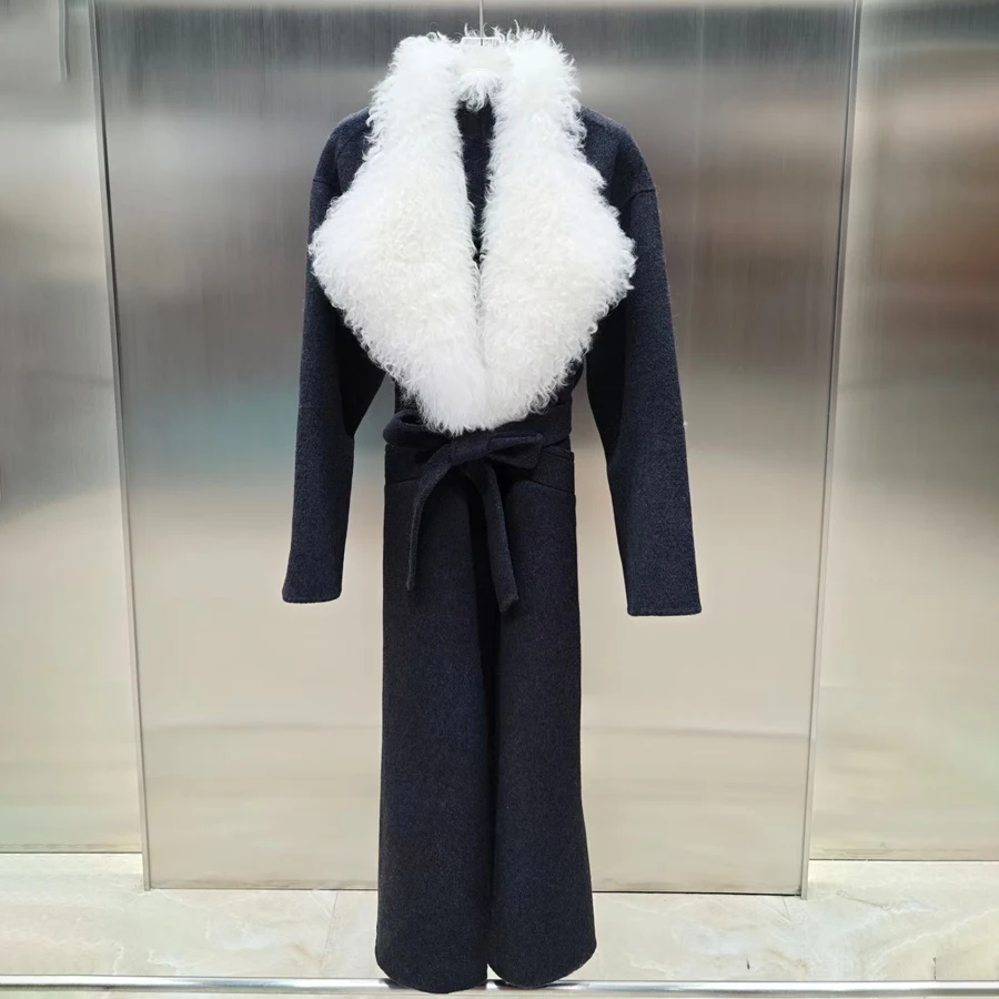 

Winter Warm Wool Coat With Lamb Fur Collar Real Fur Coat Best Selling Jacket Luxury