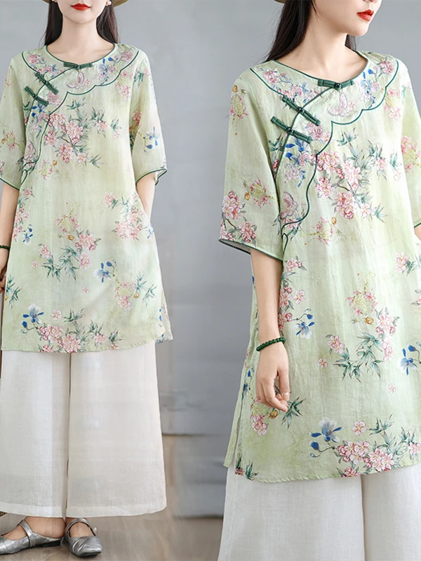 Retro Chinese Sle Geborduurde Vlas irt Dr vrouwen Losse Afslanken Comfortabele High-End Gevoel Thee Kostuum Zomer