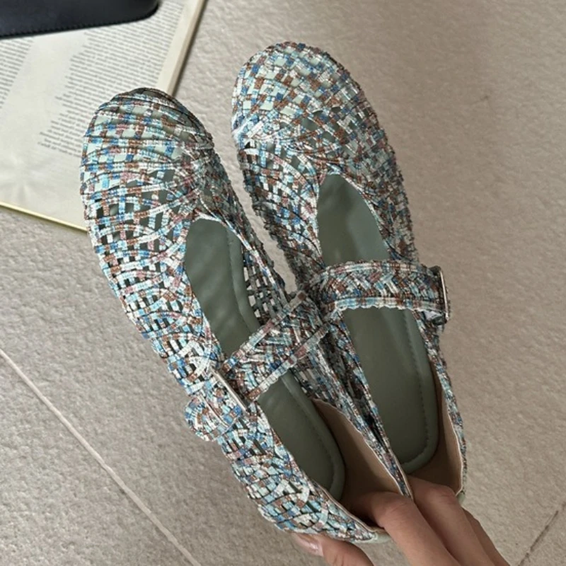 

Novelty Mixed Color Woven Hollow Flats Women Comfort Round Toe Designer Mary Jane Shoes Ladies Elegant Party Dress Shoes Pumps