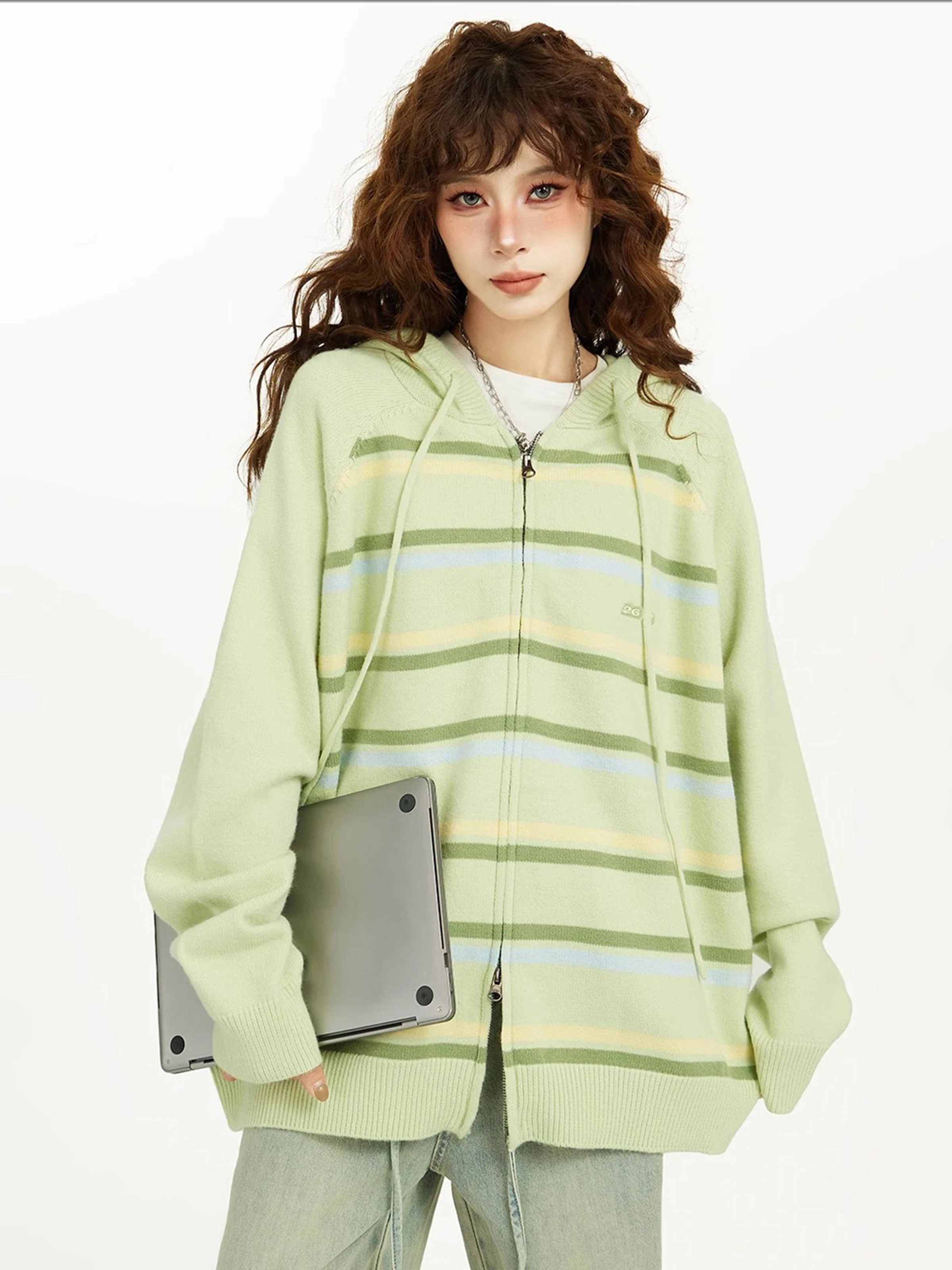 

Green Striped Hooded Zipper Sweater Coat Women's Fashionable All-Matching Spring Autumn Loose Thick Outer Wear Knitted Cardigan