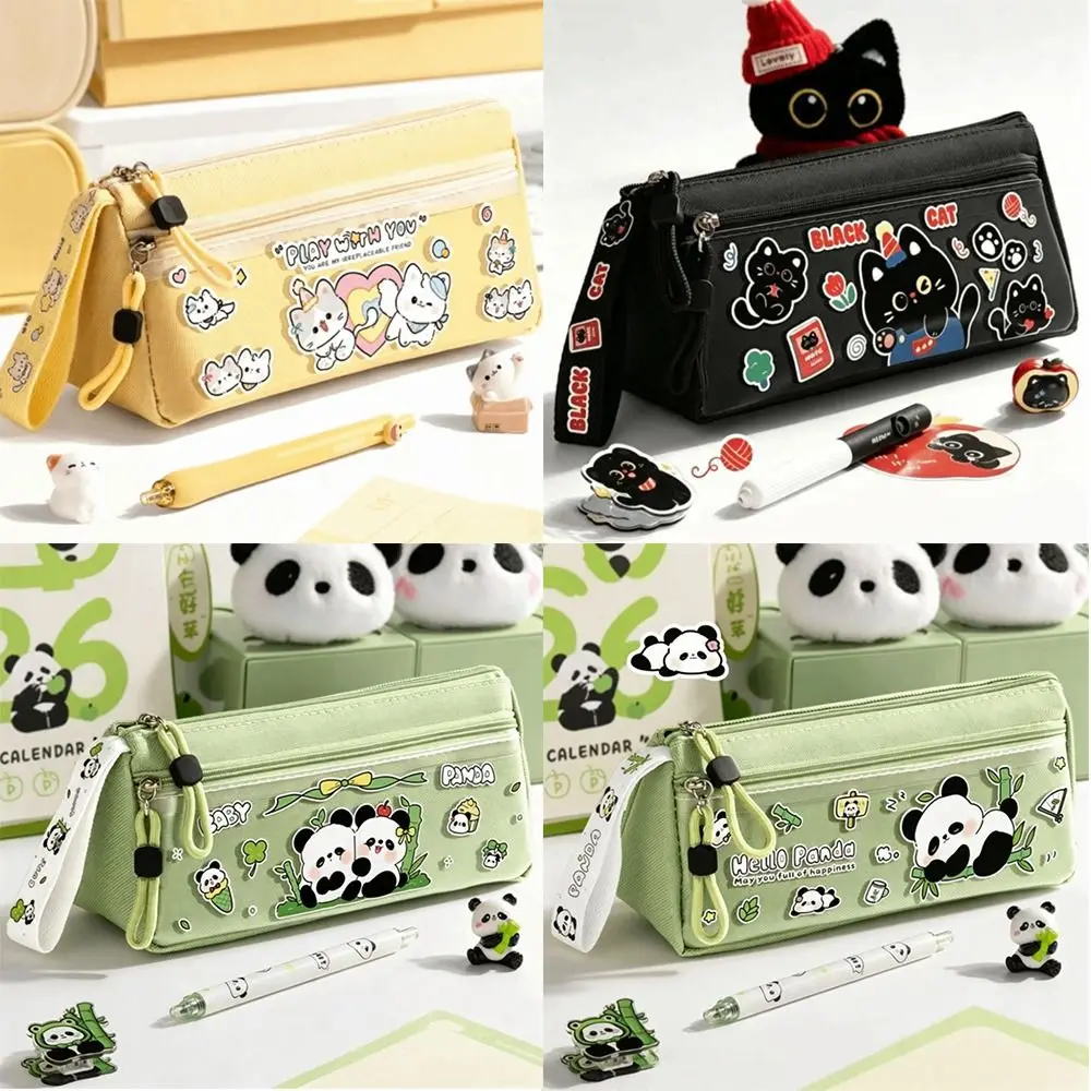 Large Capacity Panda Pencil Case Double Layer with Handle Pen Bag Cartoon Panda Portable Stationery Pouch