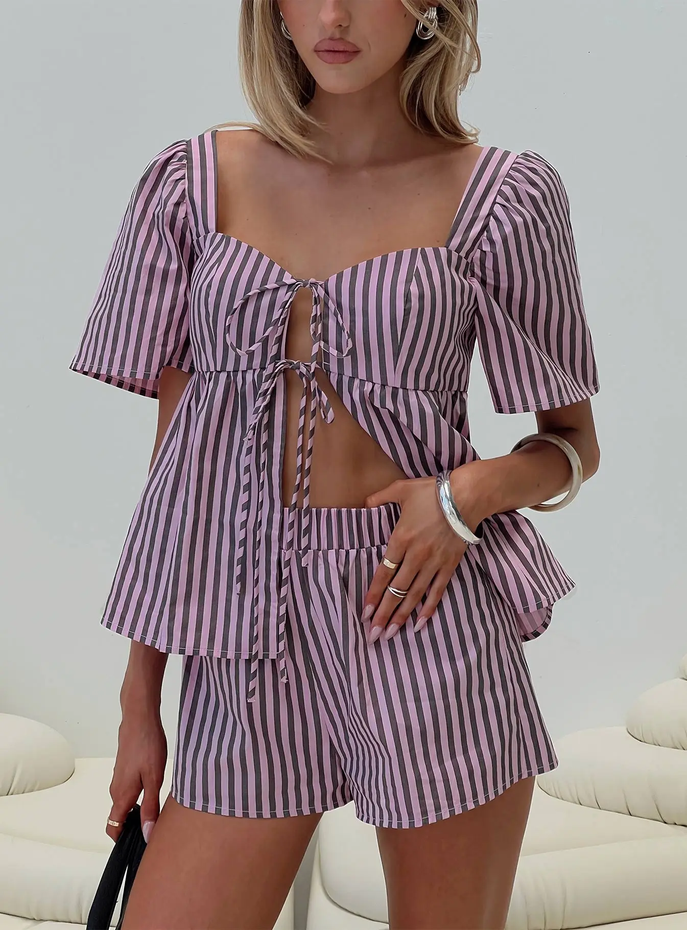 

New Fashion Womens Two Piece Pajamas Set Short Sleeve Stripes Print Tops And Shorts Loungewear Hot Sale S M L