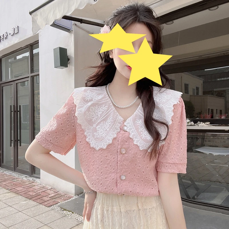 Sweet Lace Patchwork Shirt Tops Summer New Solid Color Loose Short Sleeve Hollow Out Elegant Blouse Fashion Trend Women Clothing