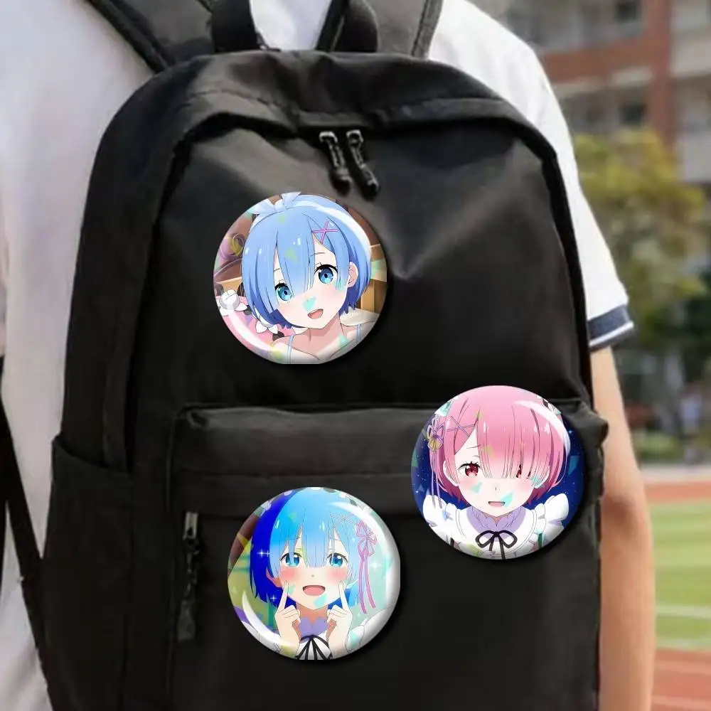 Rem Ram Anime R-RE-ZERO Round Brooch Pins, Personalized Badges With Broken Glass Design Fashion Accessory