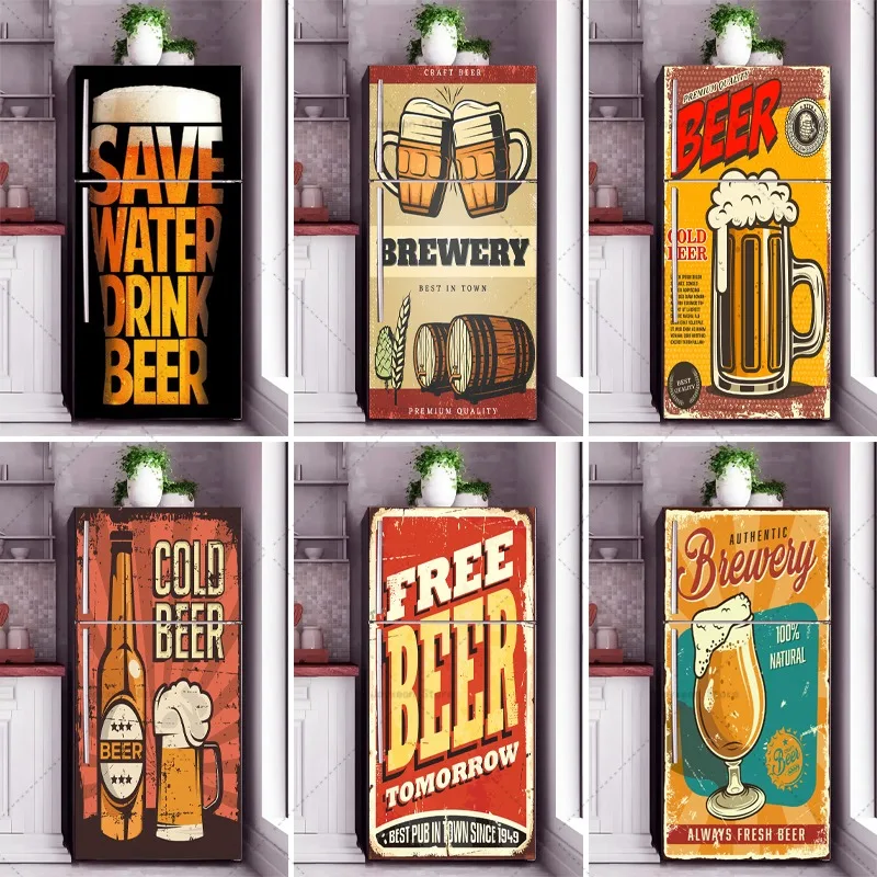 PVC Art Creative Door Stickers Mural Kitchen Refrigerator Decoration Graffiti Beer Waterproof Refrigerator Stickers
