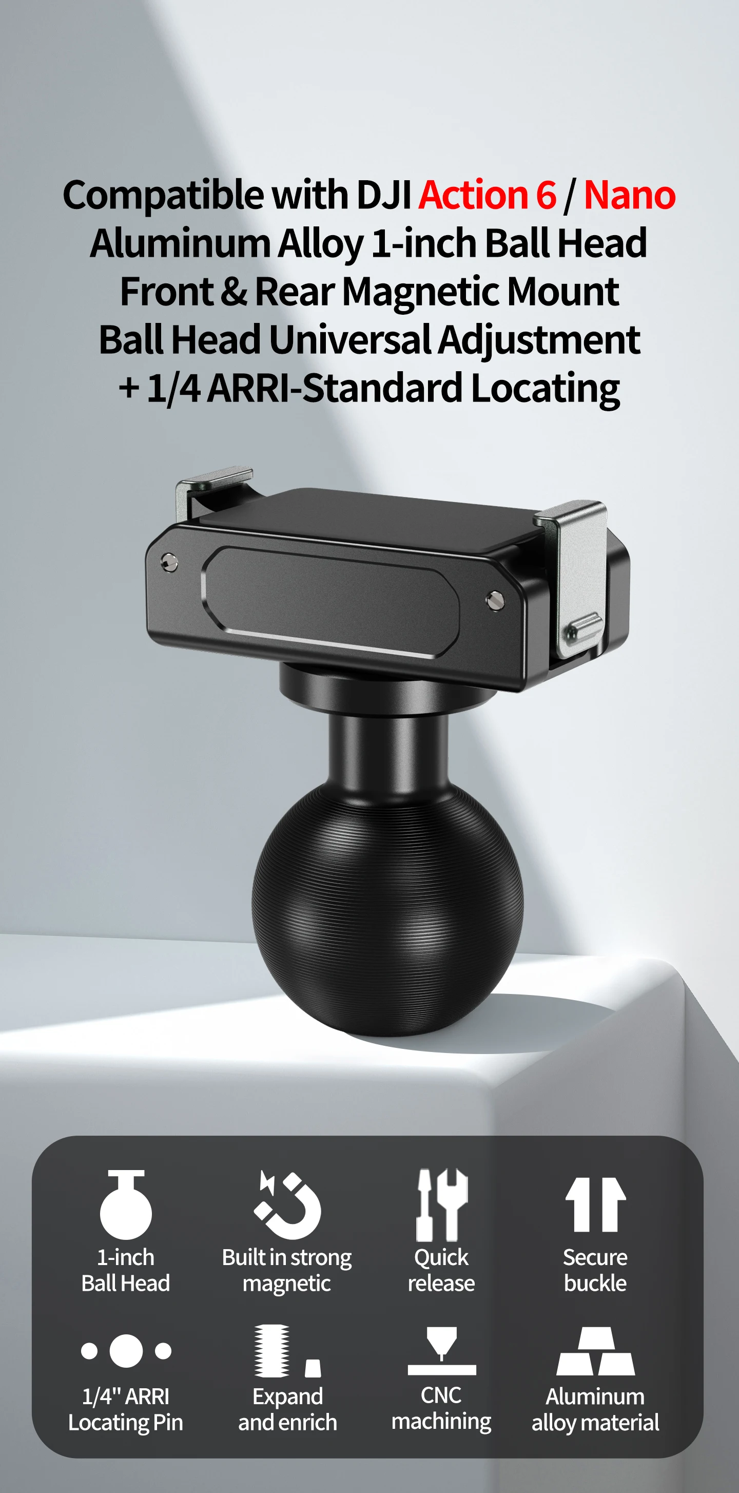 Magnetische Schnellverschluss-Klapphalterung mit zwei Klauen/1-Zoll-Kugelkopfadapterhalterung für DJI Osmo Action 6/Osmo Nano Kamera-Zubehör – Detail 15