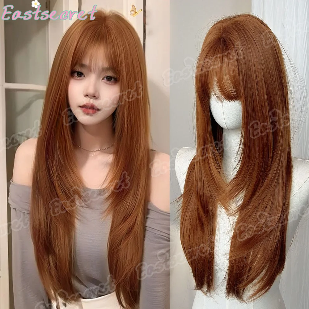 

EAST Long straight synthetic Orange brown colored wig suitable for women's heat-resistant daily use role-playing Halloween wig