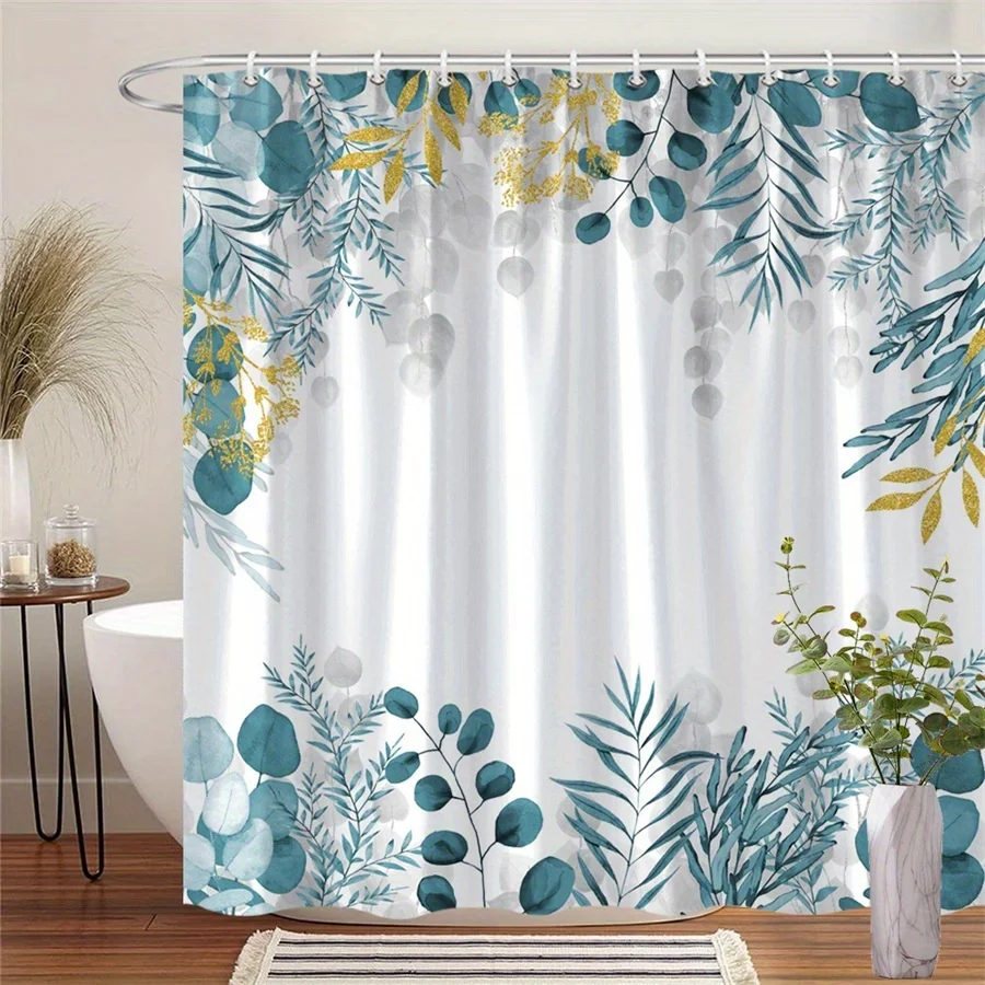 

1 шт. занавеска для душа с сине-зеленым и золотисто-зеленым цветочным узором, полиэфирная ткань, которую можно стирать в машине, подходит для декора ванной комнаты