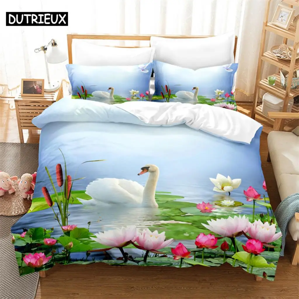 Swan Rose Queen Bedding Set Duvet Cover Set Bedding Digital Printing Bed Linen King Size Duvet Cover Set Bedding Set