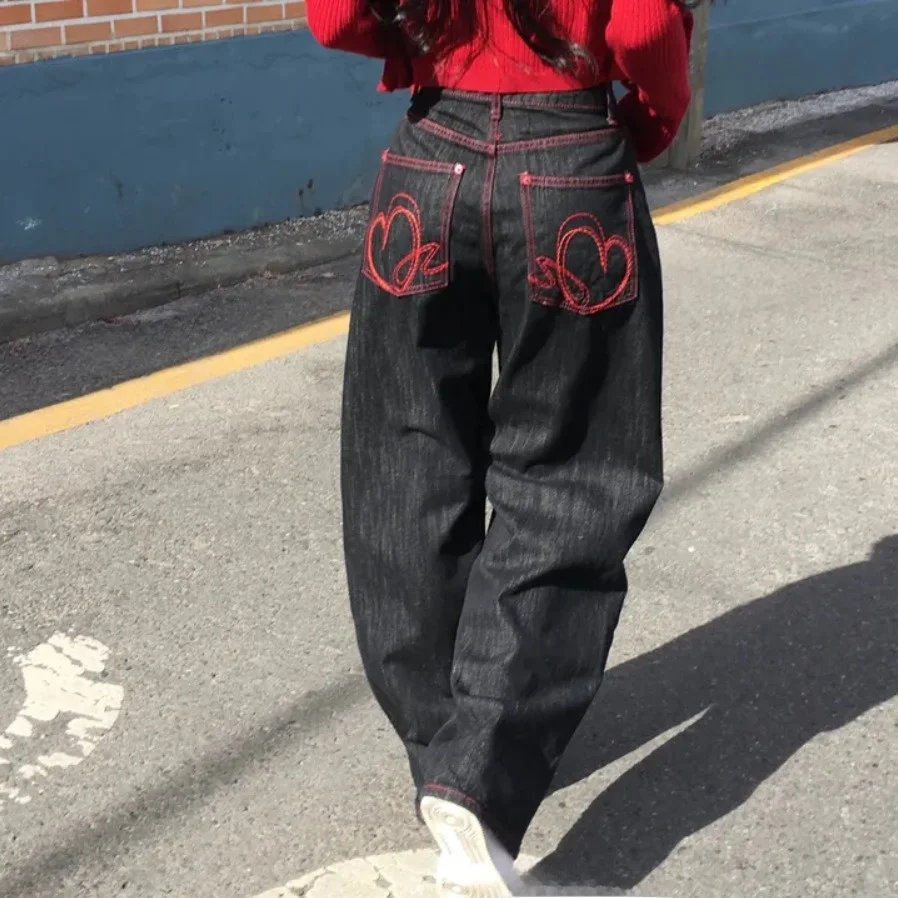 Retro Pocket Heart Embroidery Straight Leg Jeans Casual Style Natural Waist Long Pants Cotton 100% No Stretch Black Jeans