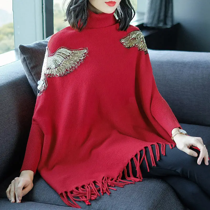 

Autumn Pullover Poncho 2023 New Little Fragrant Women Relaxed Outwear Pullover Long Sleeve Sweater Knitted Bat Sweater Top Women