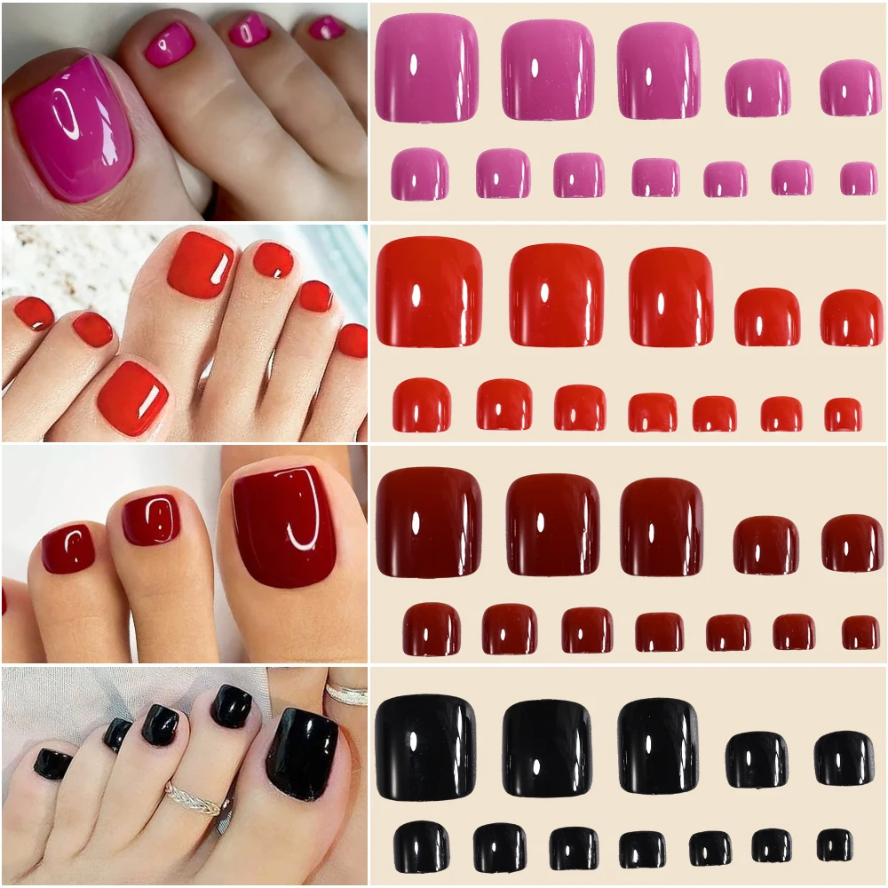 96 Stück 4 Einfarbige Quadratische Aufklebenägel für die Zehen Glänzend Rot Schwarz Fuchsia Künstliche Zehennägel für Frauen Sommer Strand Alltag Falsche Fußnägel