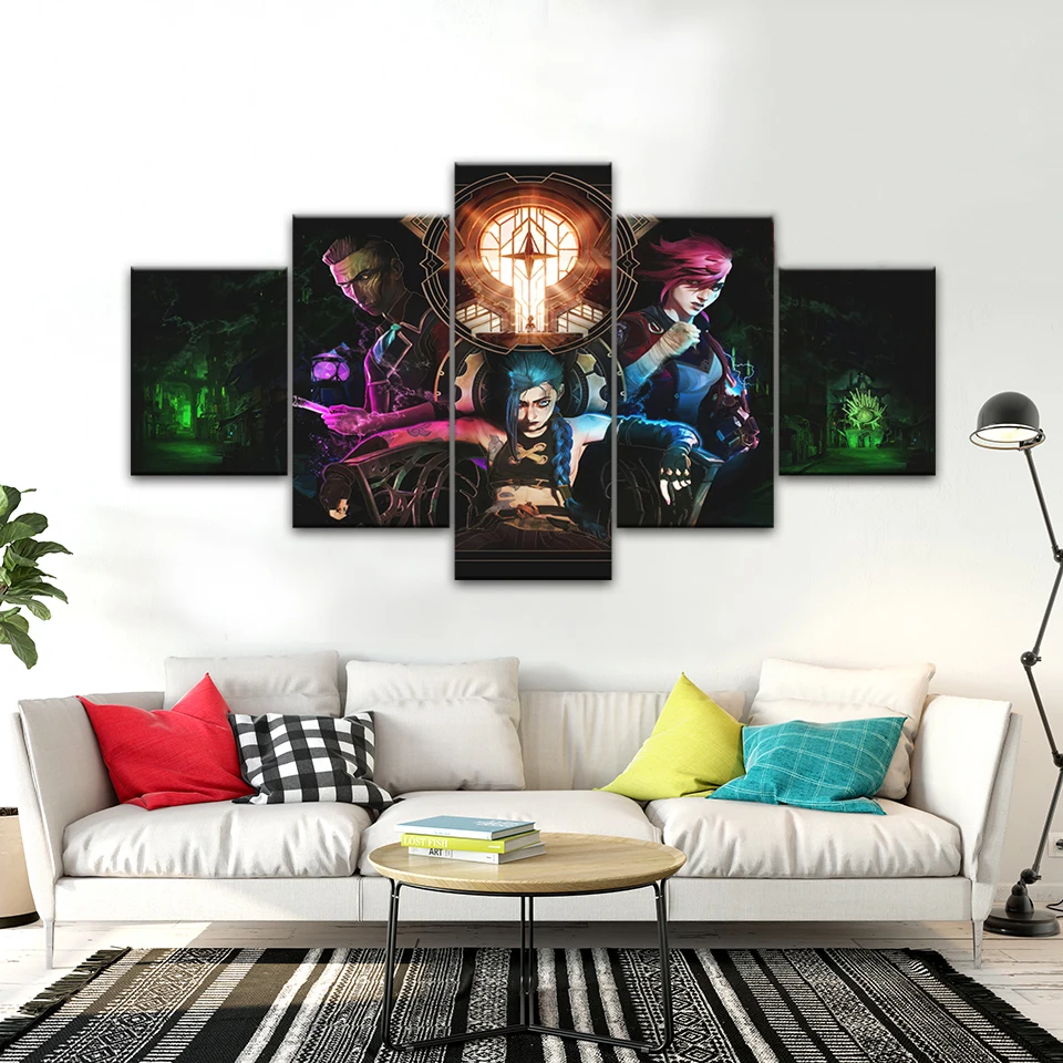 Arcane Jinx Vi League Of Legends Tv Game No Framed Canvas 5 Pcs HD Wall Art Posters Pictures Home Decor Paintings Decoration