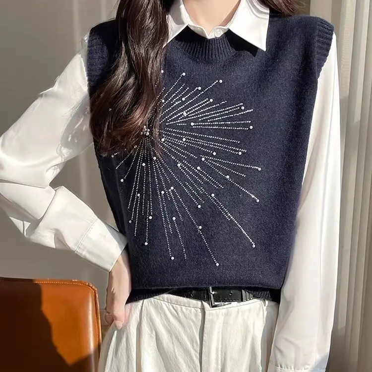Bling Beading O-neck Knitted Vest 2025 Spring Autumn Sleeveless Knit Sweater Korean Style Female All-match Short Waistcoat