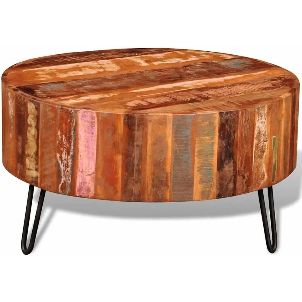 Multicolor Reclaimed Solid Wood Iron Coffee Table, 27.6 Diameter
