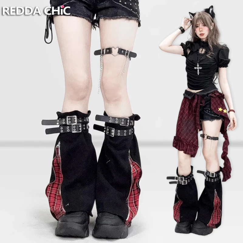 REDDACHiC 2-Way Zip Leg Warmers Women Grunge Retro Tartan Splice Knee Long Flare Denim Boots Cover Gothic Alternative Clothing