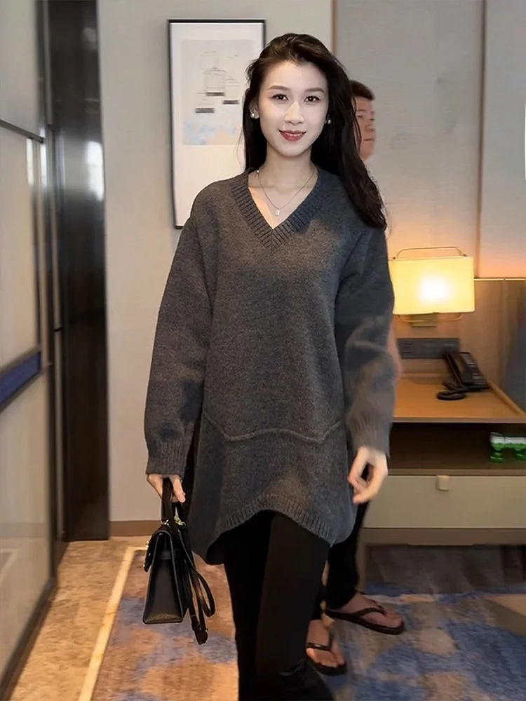 Lockerer Strickpullover Damen Herbst Winter Casual Sle V-Ne Long Sve Mittellange Oberbekleidung Bequem Faionable