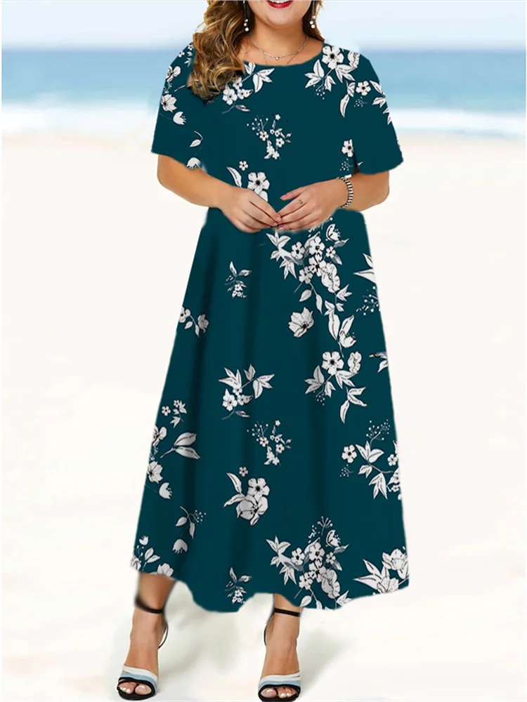 Summer Casual Floral Dresses O Neck Party Sundress Oversized Loose Beach Dress Women Y2K Dress Streetwear Lady Chic Robe