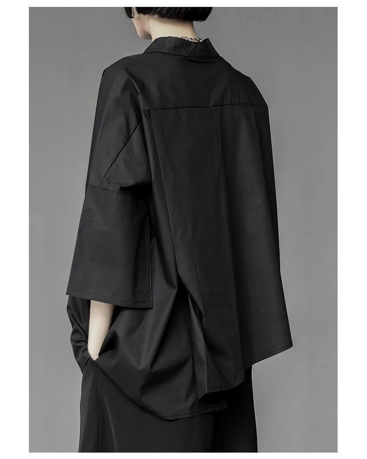 Women Men Shirt Three Quarter Sleeve Blouse Irregular Hem Single-breasted Solid Color Korean Loose Lapel Summer Spring Shirt Top