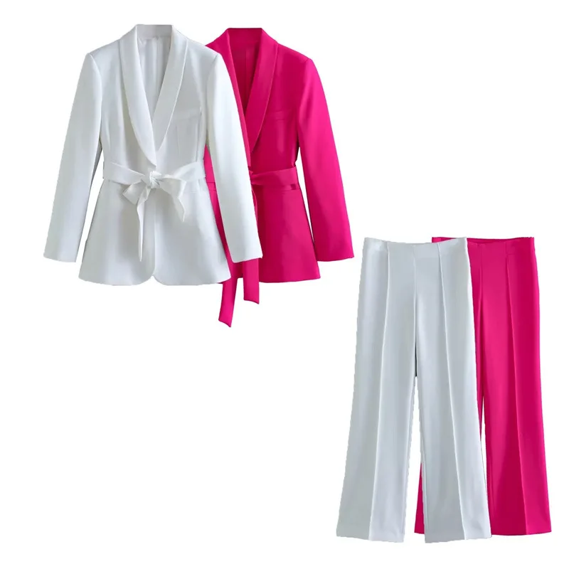 White Women Suit Loose Formal Blazer With Belt Pants Elegant Female Business Work Wear Office Lady Jacket Coat Trousers