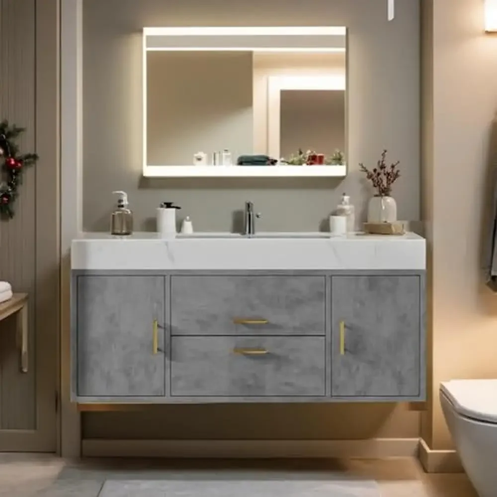 Wall Mounted 48 Inch Grey Bathroom Vanity with Sintered Stone Countertop and Ceramic Basin Storage Moisture-proof Easy Assembly