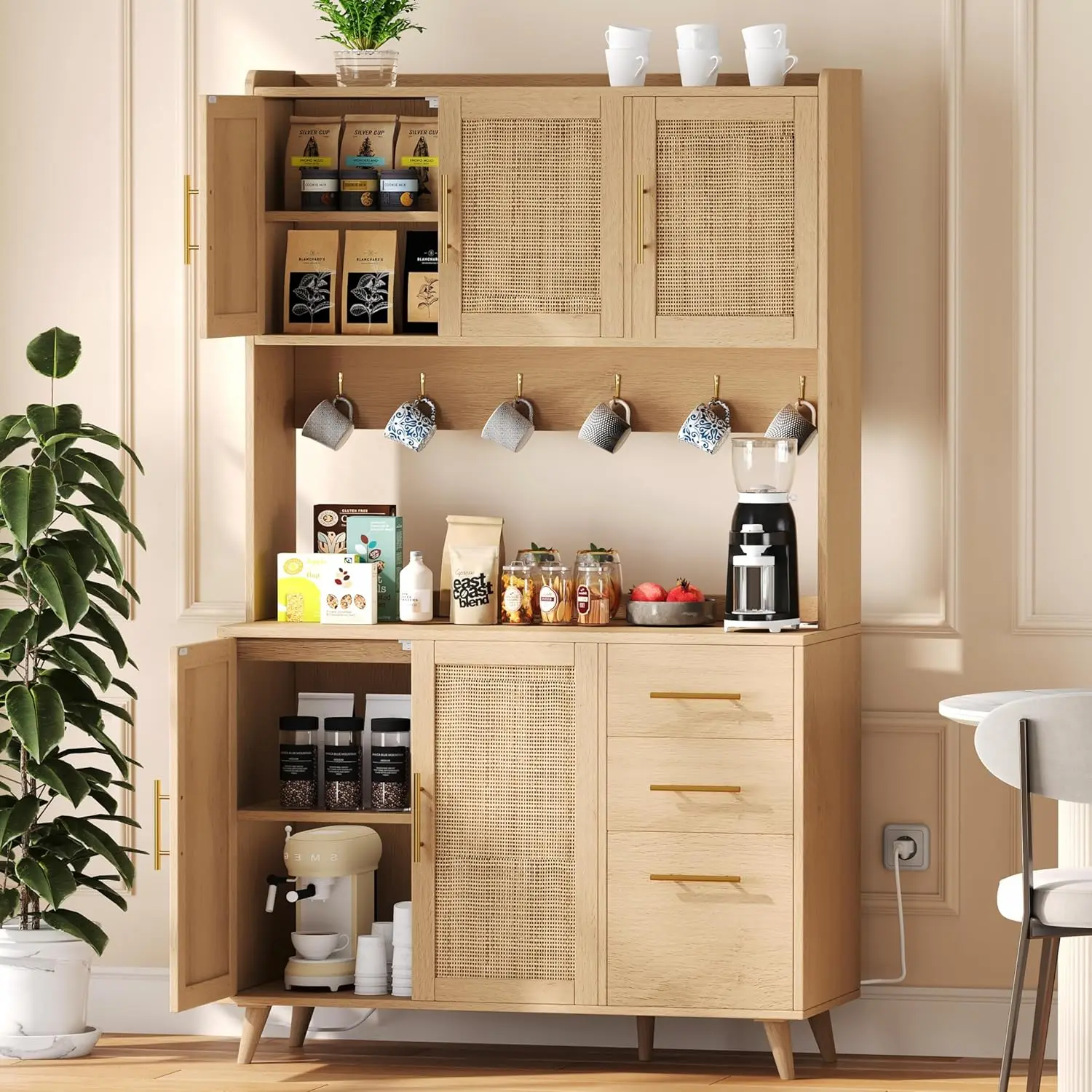 Natural Wood Freestanding Storage Cabinet for Kitchen Pantry Microwave Shelf Sideboard Buffet Kitchen Islands Carts Entrance