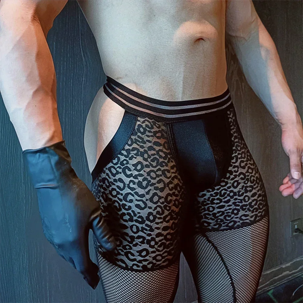 Sexy Transparent Mesh Leopard Open Buttocks Knee Length Bulge Pouch Briefs Underwear Pumps Shorts And Underpants Men