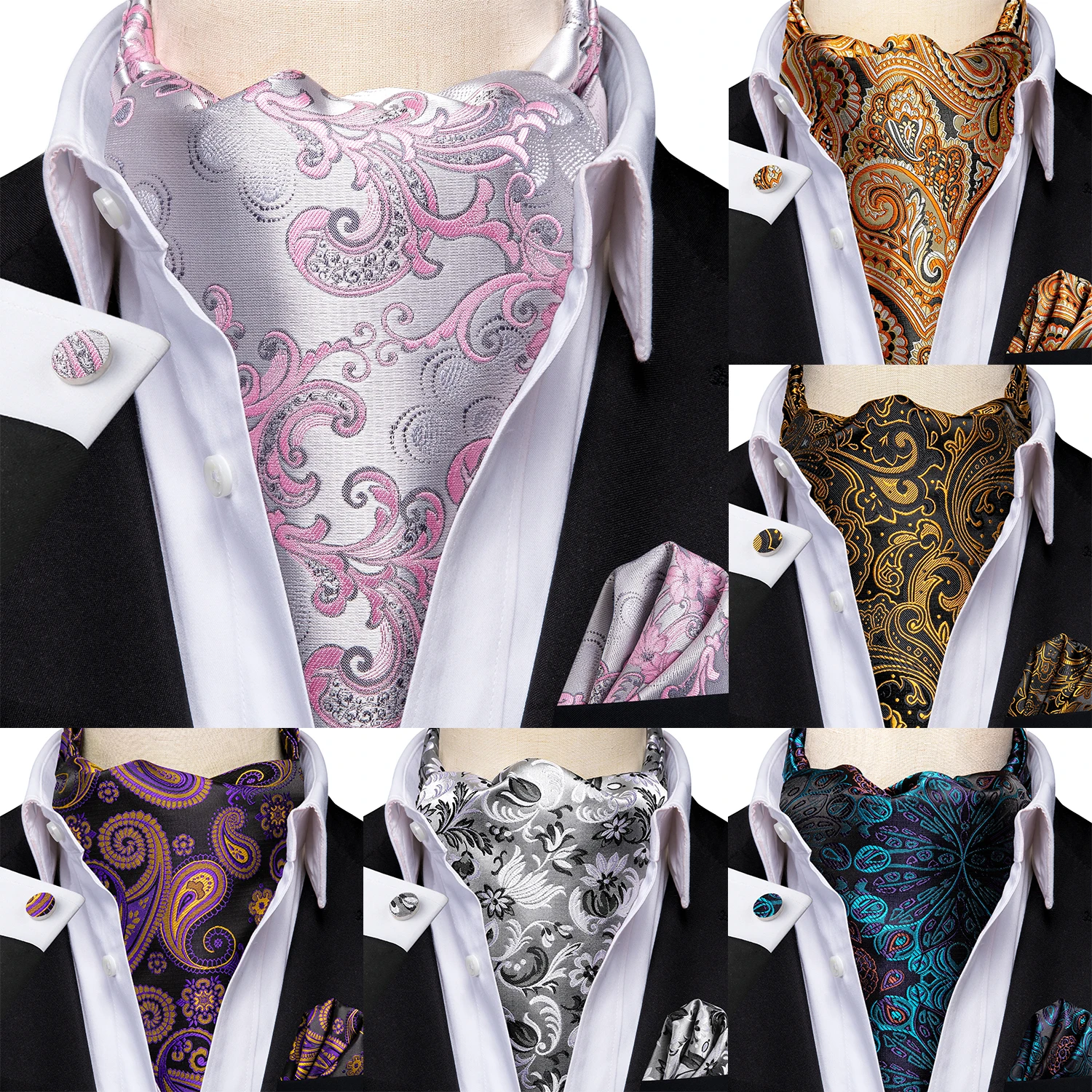 Hi-Tie Jacquard Silk Paisley Floral Solid Dots Mens Ascot Cravat Tie Hanky Cufflinks for Male Wedding Business Prom Designer