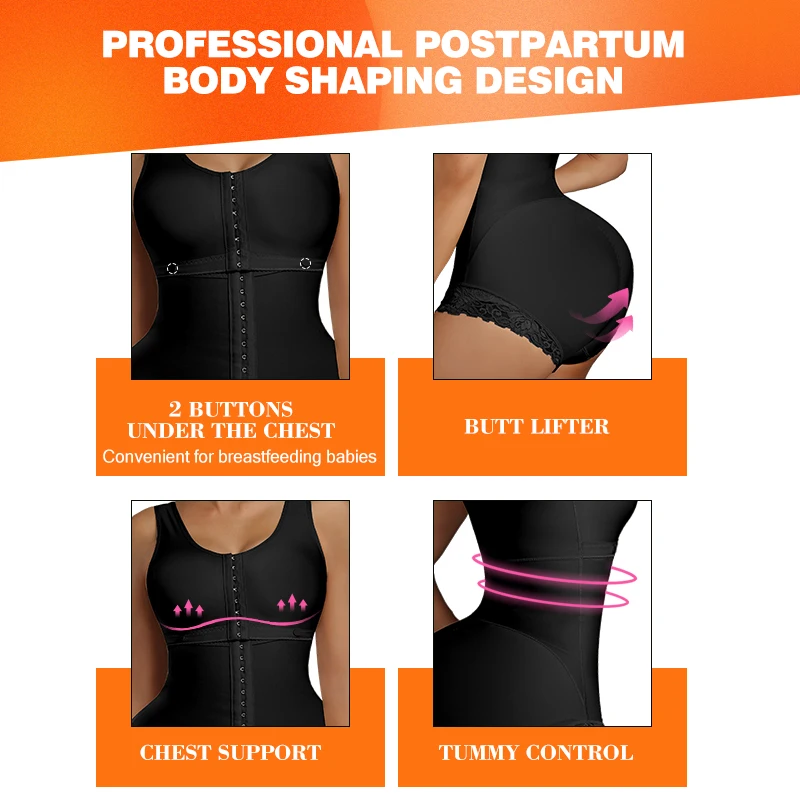 Women Firm Postpartum Tummy Control Body Shaper Chest Support Butt Lifter Post-op Shapewear Bodysuit Faja With Adjustable Hooks