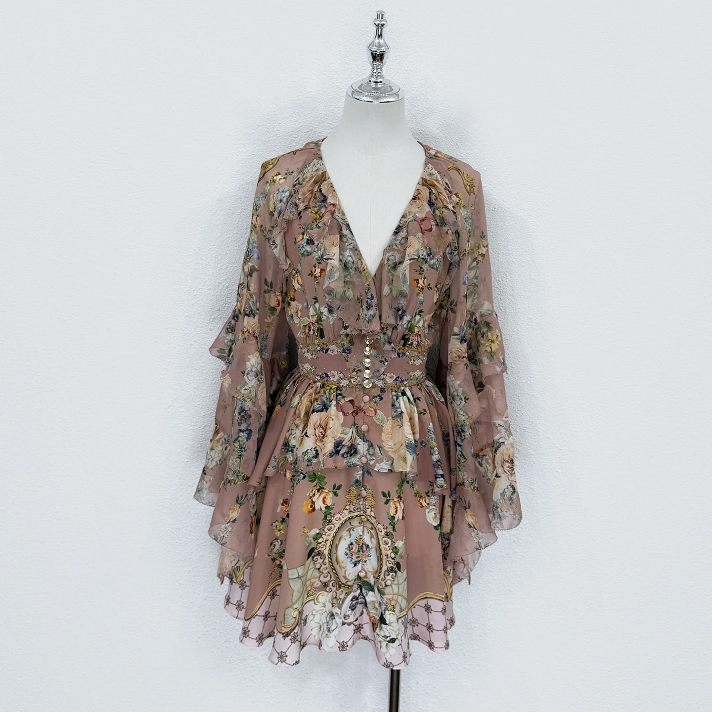 Summer Fashion Party Vintage Floral Print Silk Mini Dress Women's V-Neck Flounces Sleeve Elastic Waist A-Line Short Dresses