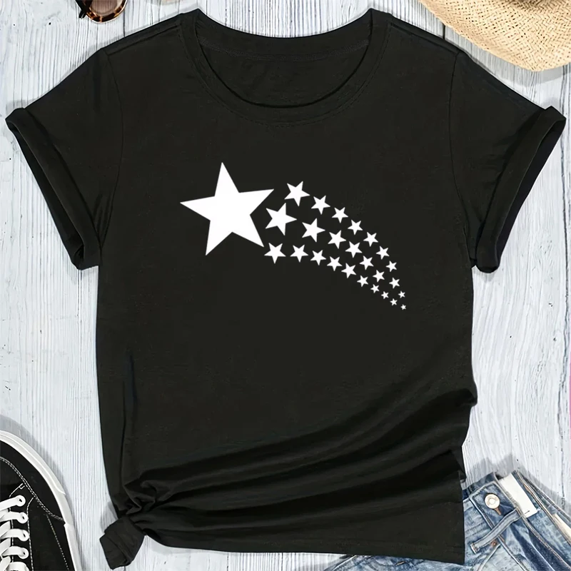 

Fashion Women T-shirt Harajuku Summer Cute Star Moon Print Short Sleeve T Shirt Casual Round Neck Unisex Clothes Top Tee Black