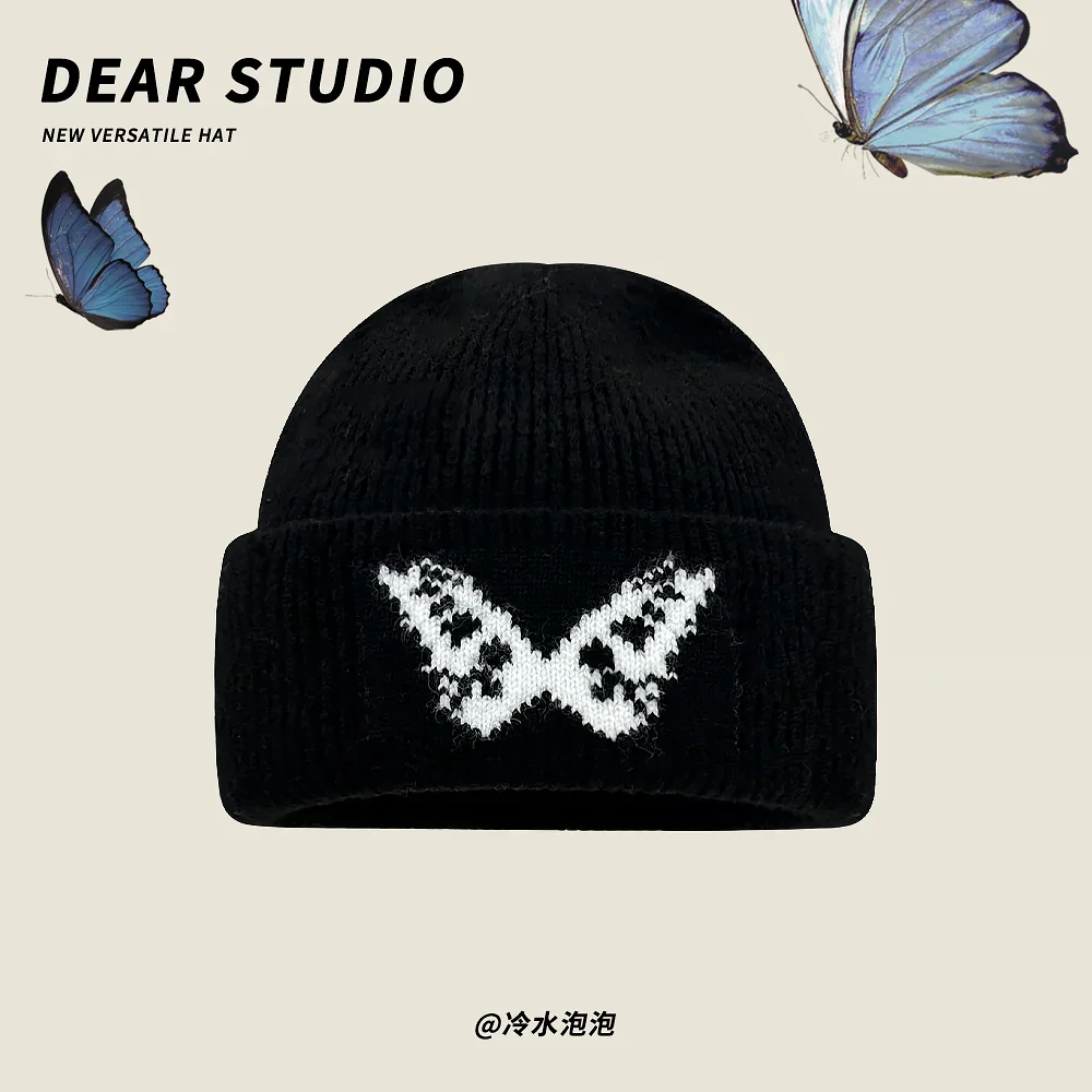 

Korean Butterfly Jacquard Knitted Hat for Men and Women Winter Large Version Warm Loose Ear Protection Skull Beanie Cap Bonnet