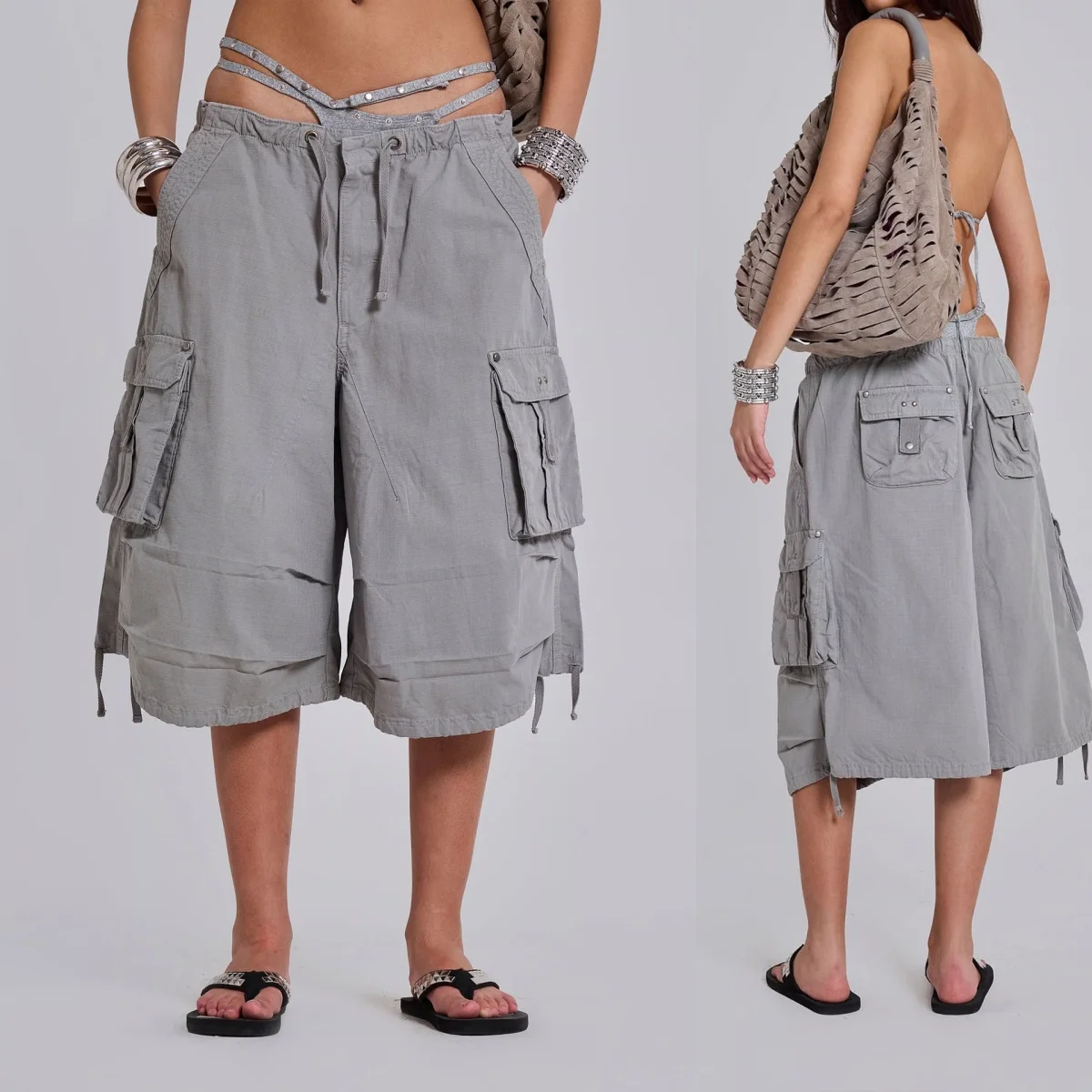Jd Vintage Distressed Gray Workwear Cropped Pants, Washed Canvas Plaid Pocket Pants, Gray Multi-Pocket Workwear Wide-Leg Cropped Pants, Multi-Pocket Drawstring Loose Wide-Leg Functional Style Mid-Length Pants, Loose Lantern Mid-Length Street Style Pants