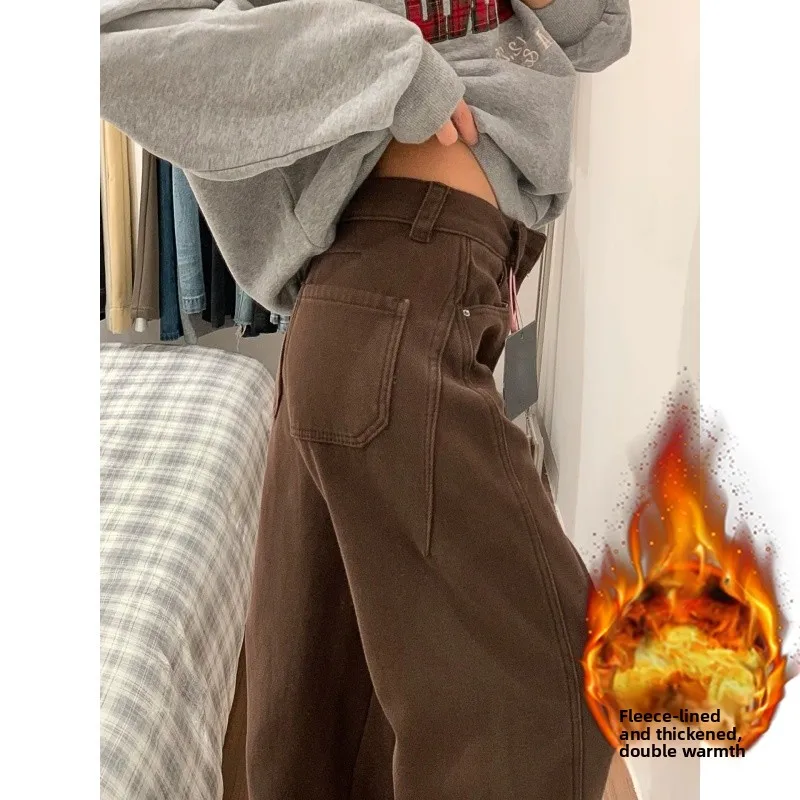 

Женские джинсы больших размеров с высокой талией на подкладке, теплые свободные прямые брюки, осенне-зимние удобные джинсы Faion