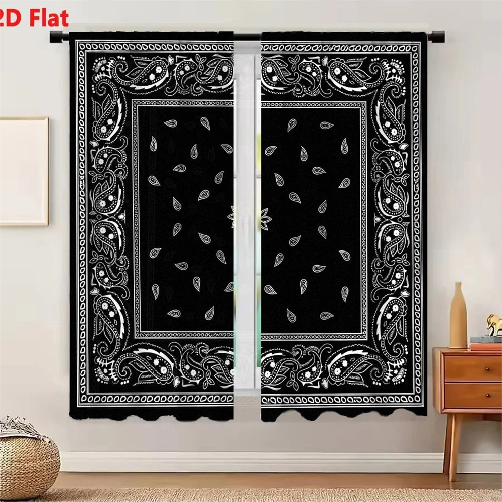 2Pcs Curtains Classic Black And White Paisley Bandana With Star Motif And Decorative Borders Window Drapes for Bedroom Room Deco