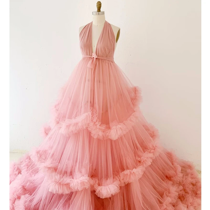 

Halter Neck Ruffle Tulle Maternity Dress for Photo Shoot/Tulle Maternity Robe/Baby Shower Dress/Photography Dress