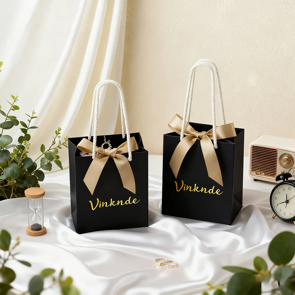 

Роскошная маленькая черная сумка-переноска для покупок, пригодная для вторичной переработки, подарочные бумажные сумки-тоут с благодарностью, свадебная вечеринка, рождественский подарок, пакет