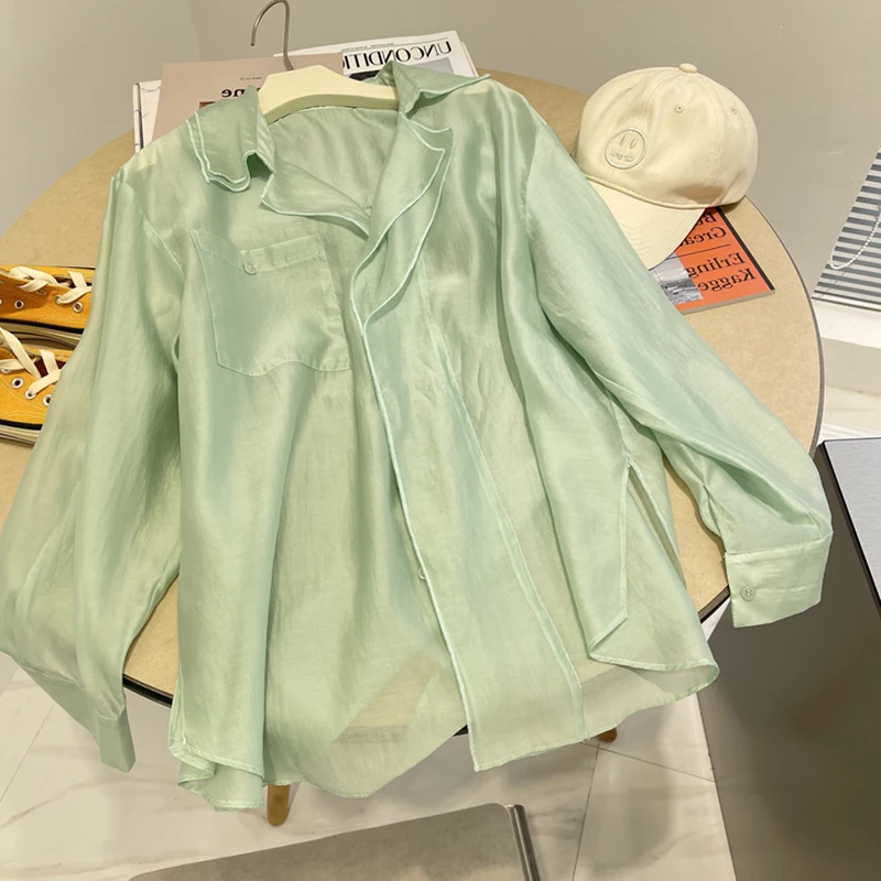 

Женская летняя блузка из шелка с защитой от солнца, тонкая, в корейском стиле, с воротником-стойкой, с узором «снежинка», для ношения поверх юбки-халтер