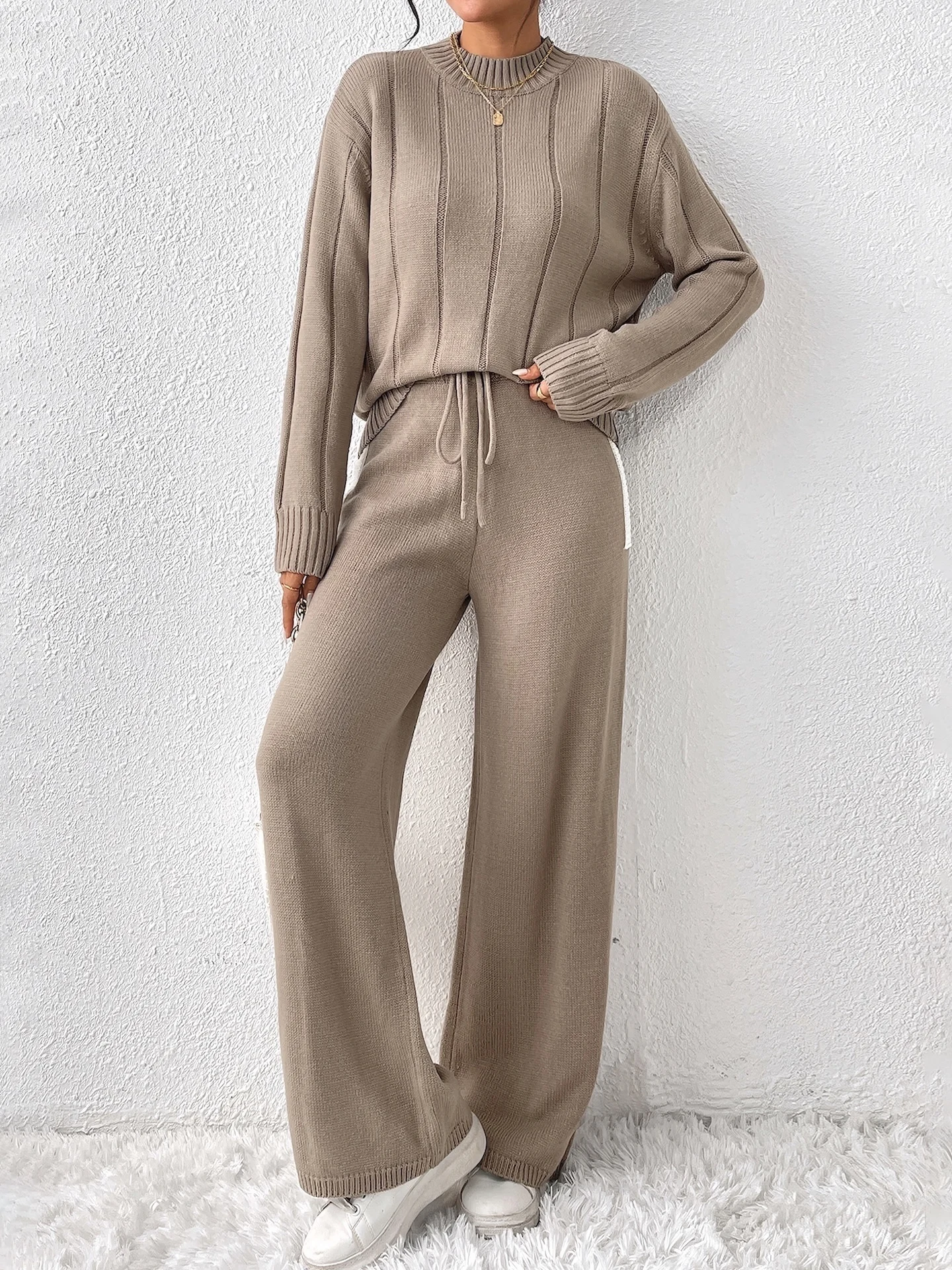 WXOY Women Casual Knit Tracksuit Lace-Up Ribbed Cardigan Top Female Outfits High Waist Trousers Sets Knitwear Pant