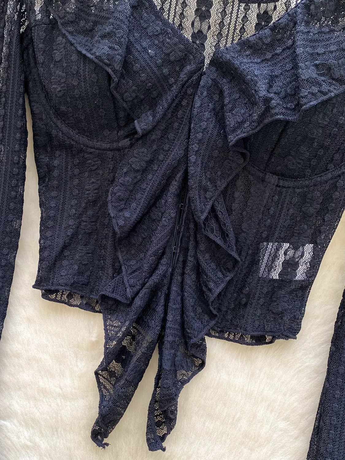 Pure Desire Spicy Bla Women's T-irt V-ne Lace Long Sve Thin Design Sense Floral  Splicing Breathable Autumn Clothes