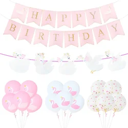Pink White Girls Happy Birthday Party Decorations White Swan Banner Latex Balloon for Gender Reveal Ballet Themed Party Supplies